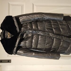 Women's Black Leather Puffer Jacket